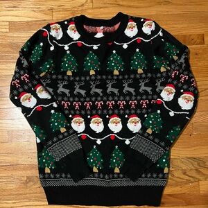 Festive Black Christmas Sweater with Santa and Tree Design